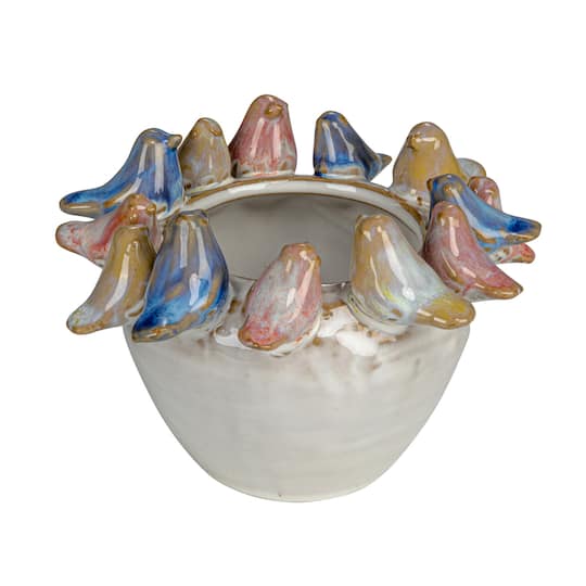 Hello Honey® 5" Multicolor Reactive Glaze Stoneware Planter with Birds on Rim
